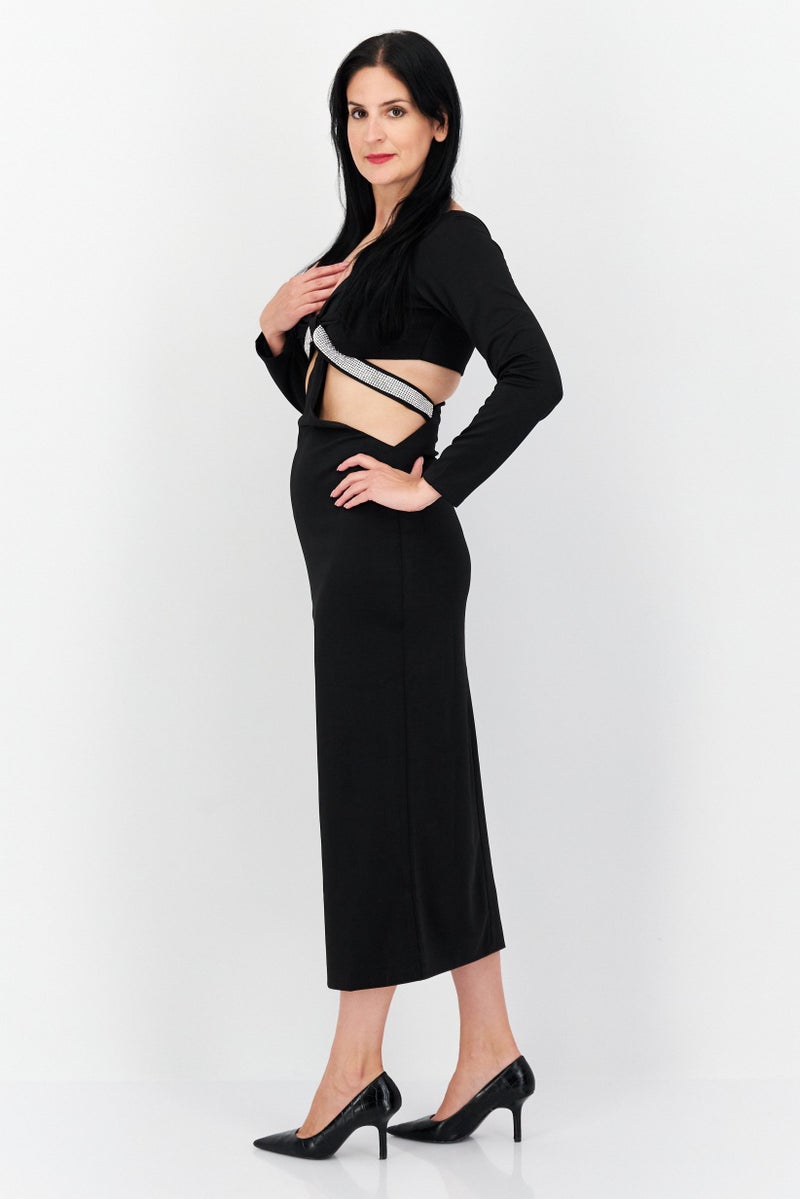 Yaura Women Rhinestone Detail Midi Dress, Black - Image 4